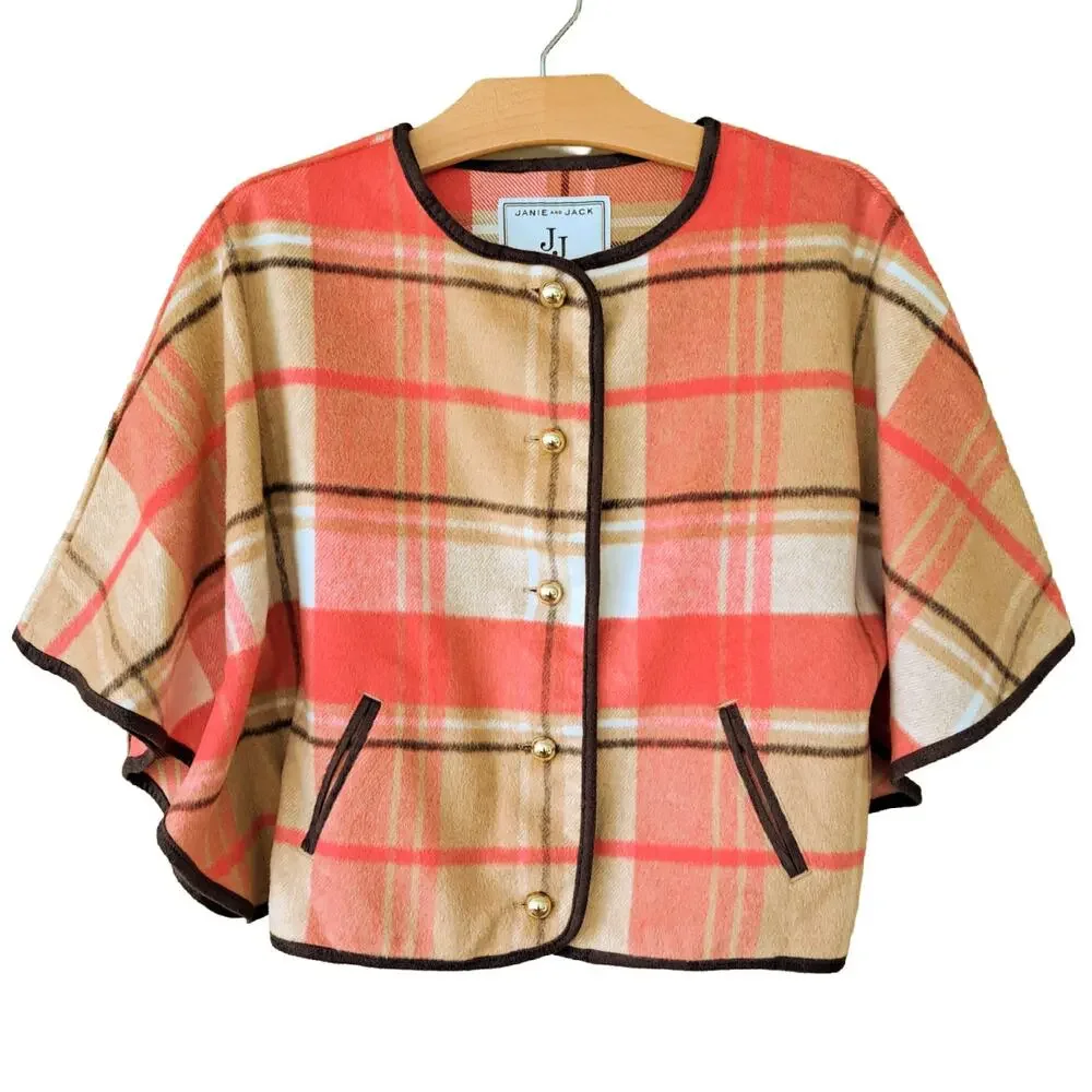 JANIE and JACK Plaid Cape Horse Trail Girls Size 5/6 Coral Camel Tan Fall Poncho
